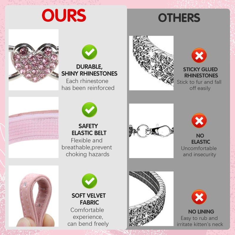 BINGPET Diamond Cat Collar,Adjustable Soft Velvet Leather Safe Kitten Collar with Crystal Heart Charm and Bells,Girl Boy Bling Stylish Cat Collars with Safety Elastic (Pink, Neck Girth 8"-10") - Image 3